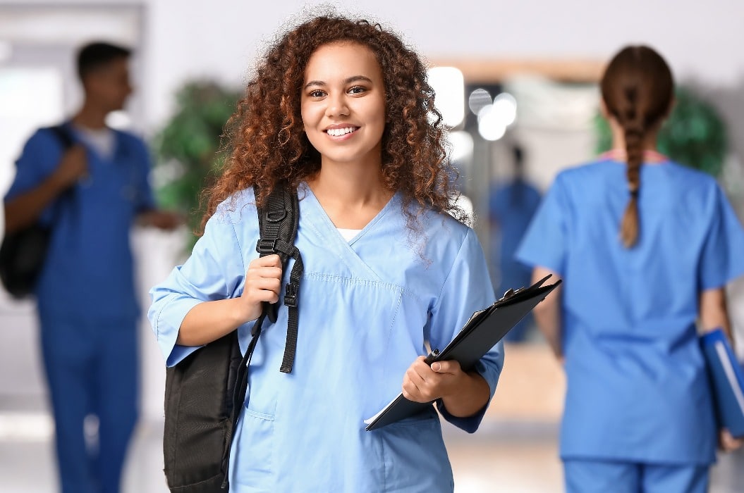 African-American student in hall of medical university